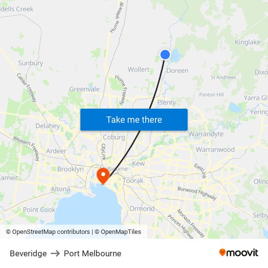 Beveridge to Port Melbourne map