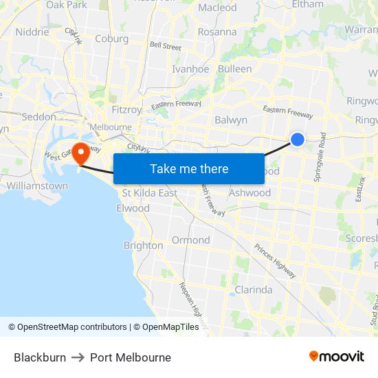 Blackburn to Port Melbourne map