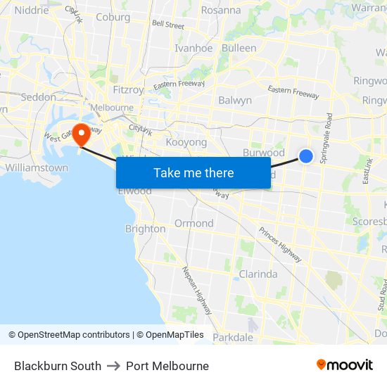Blackburn South to Port Melbourne map