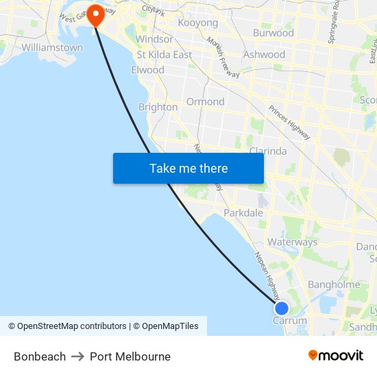 Bonbeach to Port Melbourne map