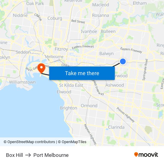 Box Hill to Port Melbourne map
