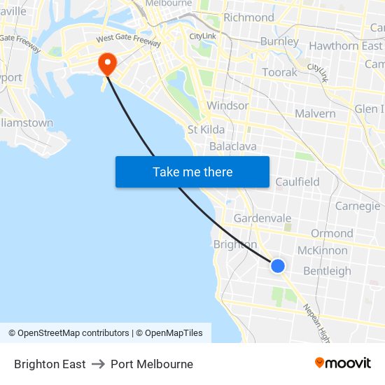 Brighton East to Port Melbourne map