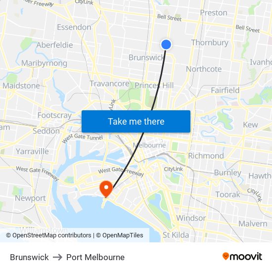 Brunswick to Port Melbourne map