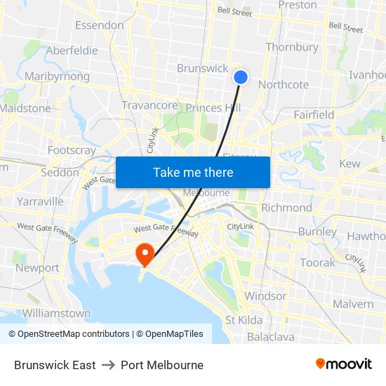 Brunswick East to Port Melbourne map