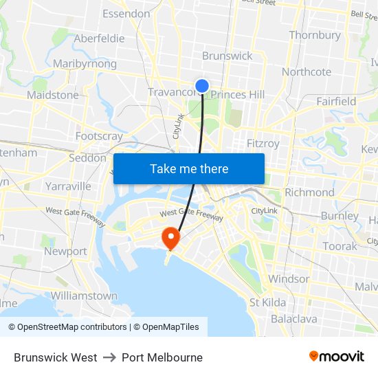 Brunswick West to Port Melbourne map