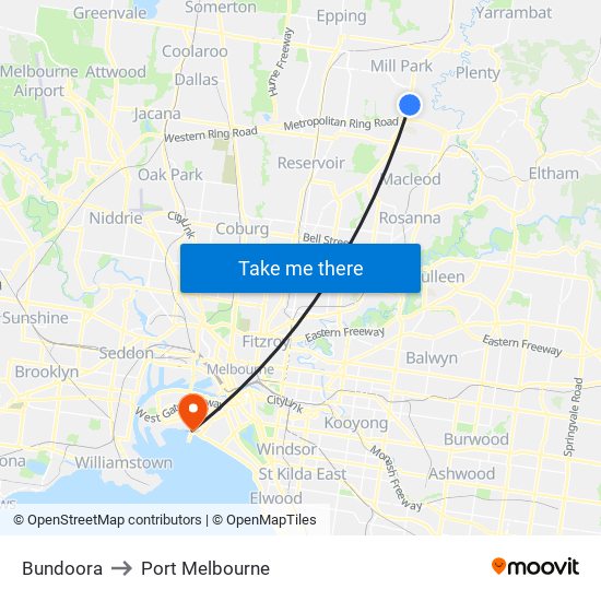 Bundoora to Port Melbourne map