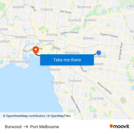 Burwood to Port Melbourne map