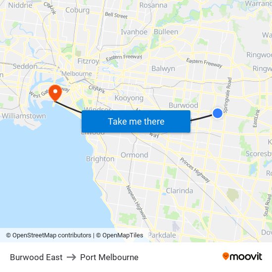 Burwood East to Port Melbourne map