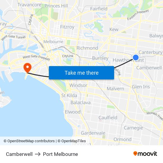 Camberwell to Port Melbourne map