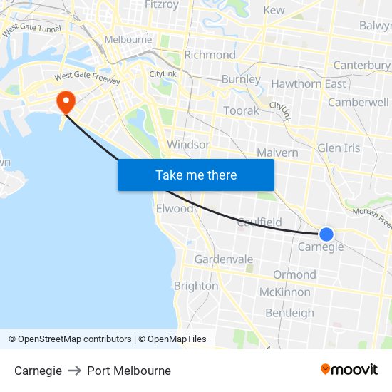 Carnegie to Port Melbourne map