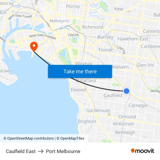 Caulfield East to Port Melbourne map