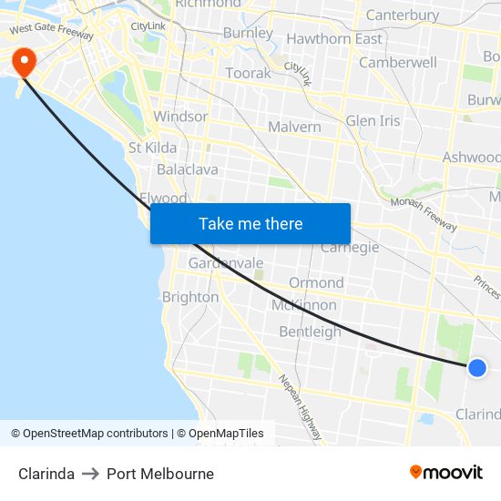 Clarinda to Port Melbourne map