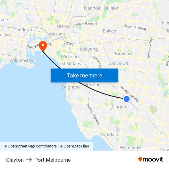 Clayton to Port Melbourne map