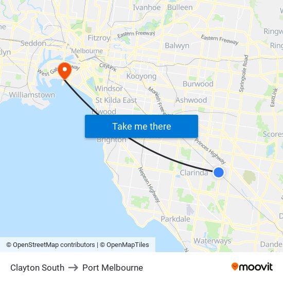 Clayton South to Port Melbourne map