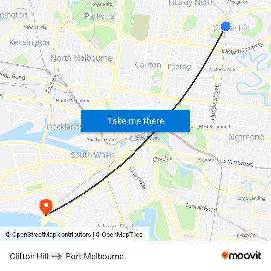 Clifton Hill to Port Melbourne map