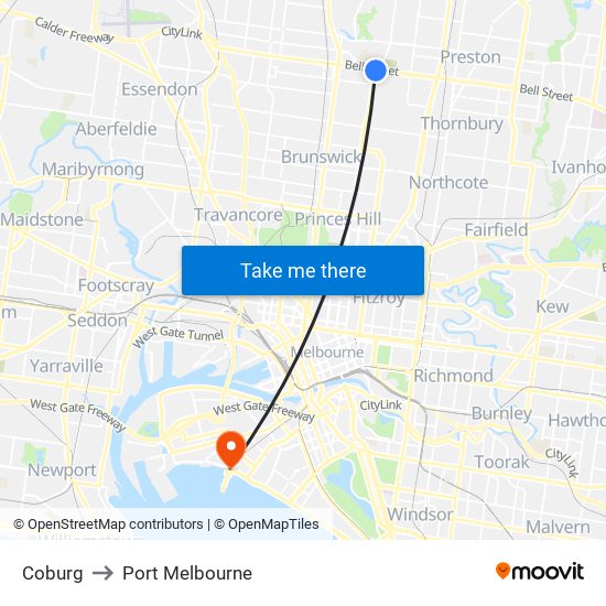 Coburg to Port Melbourne map