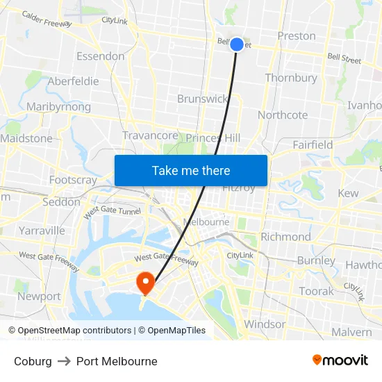 Coburg to Port Melbourne map