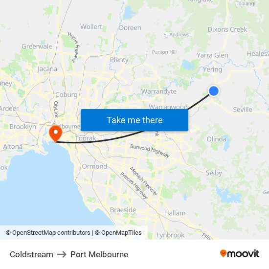 Coldstream to Port Melbourne map
