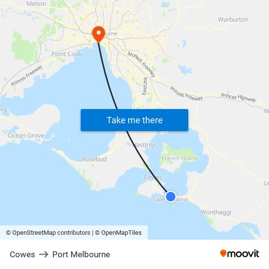 Cowes to Port Melbourne map