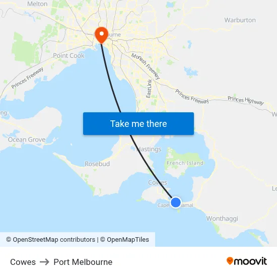 Cowes to Port Melbourne map