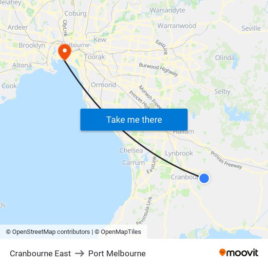 Cranbourne East to Port Melbourne map