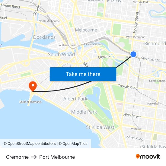 Cremorne to Port Melbourne map