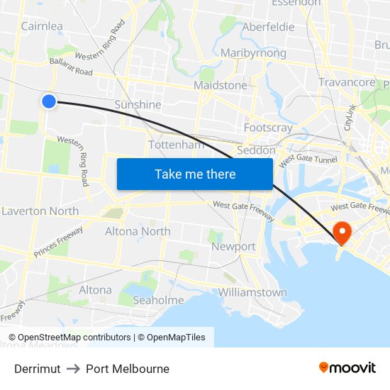 Derrimut to Port Melbourne map