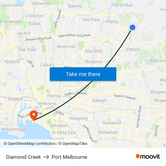 Diamond Creek to Port Melbourne map