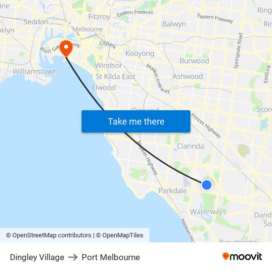Dingley Village to Port Melbourne map