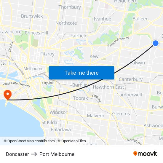 Doncaster to Port Melbourne map