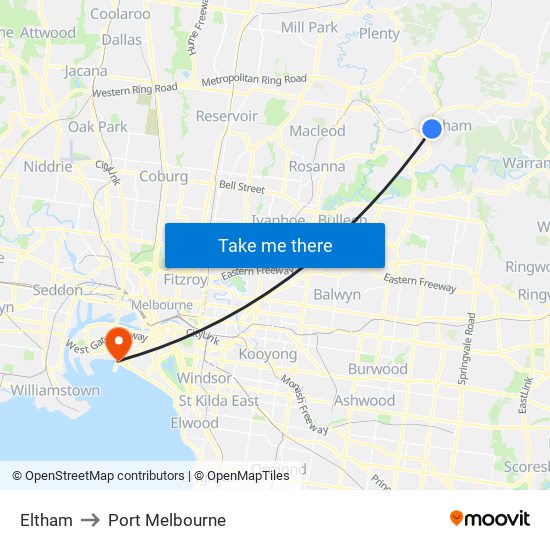 Eltham to Port Melbourne map