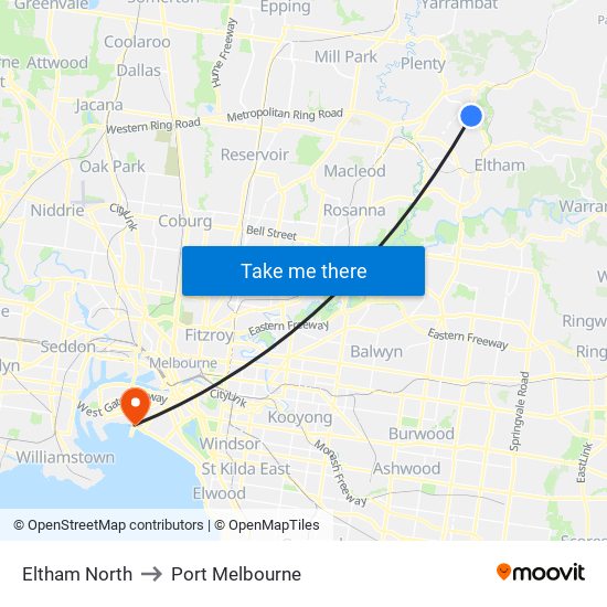 Eltham North to Port Melbourne map