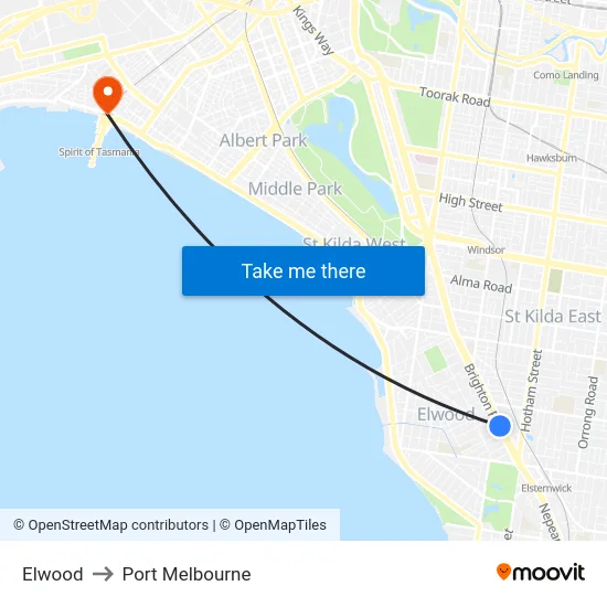 Elwood to Port Melbourne map