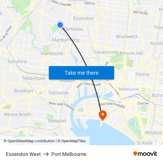 Essendon West to Port Melbourne map