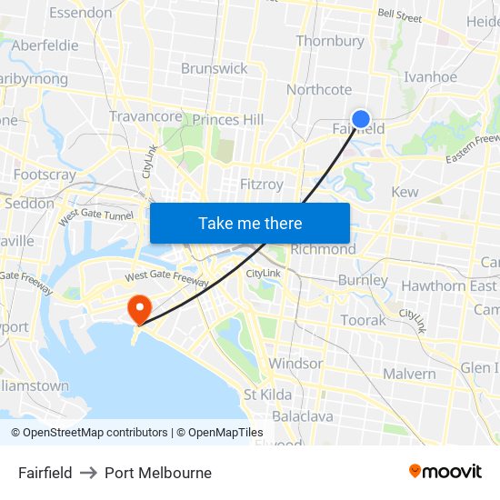 Fairfield to Port Melbourne map