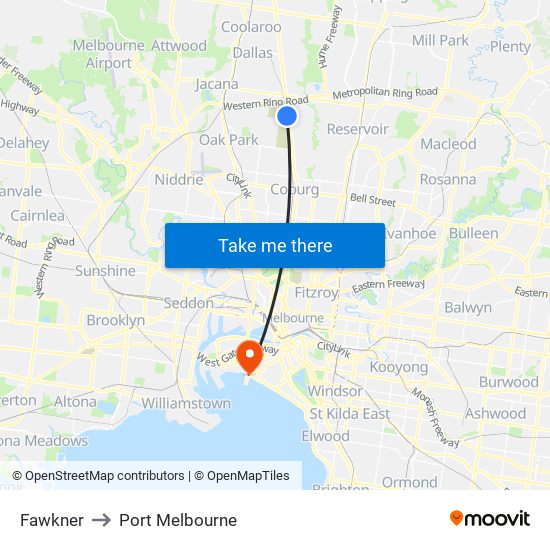 Fawkner to Port Melbourne map