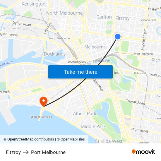 Fitzroy to Port Melbourne map