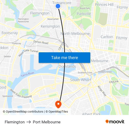 Flemington to Port Melbourne map