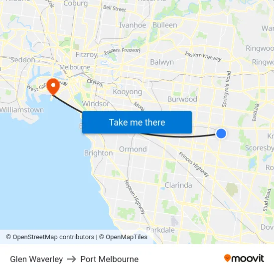 Glen Waverley to Port Melbourne map
