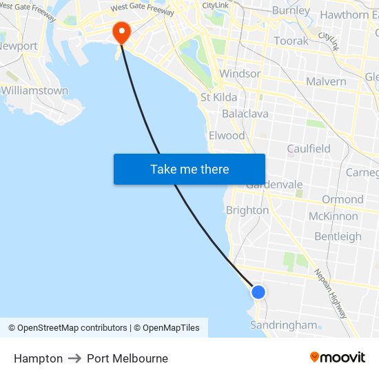 Hampton to Port Melbourne map