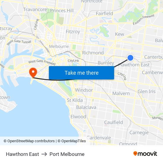 Hawthorn East to Port Melbourne map
