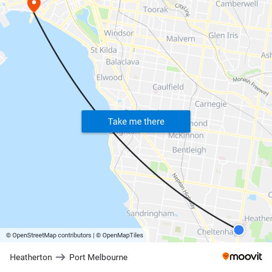 Heatherton to Port Melbourne map