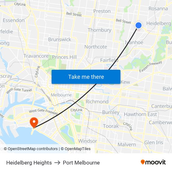 Heidelberg Heights to Port Melbourne map