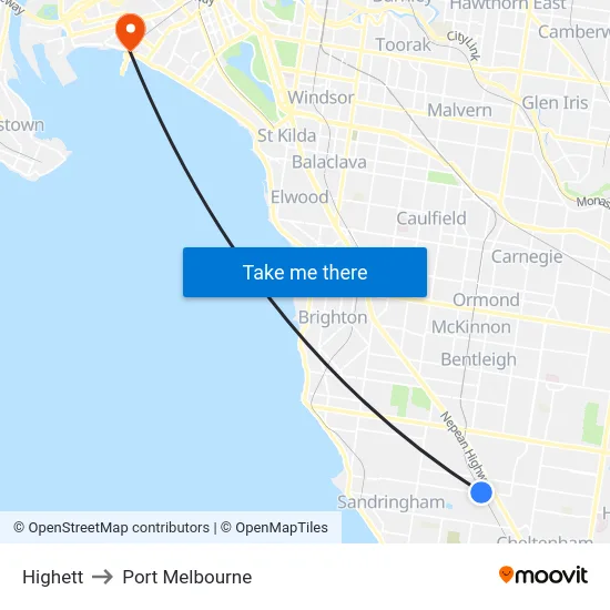 Highett to Port Melbourne map
