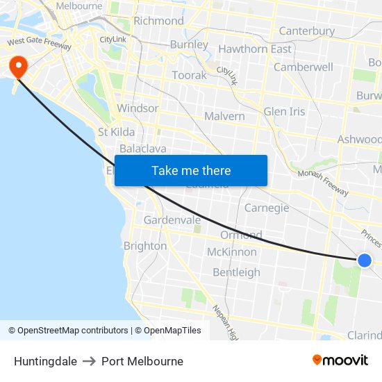 Huntingdale to Port Melbourne map