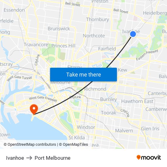 Ivanhoe to Port Melbourne map
