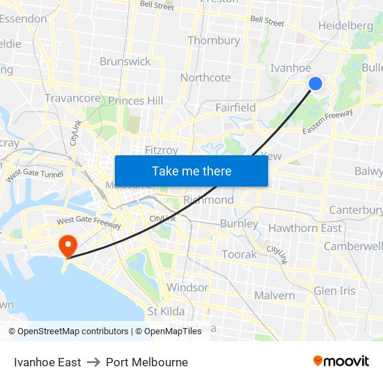 Ivanhoe East to Port Melbourne map