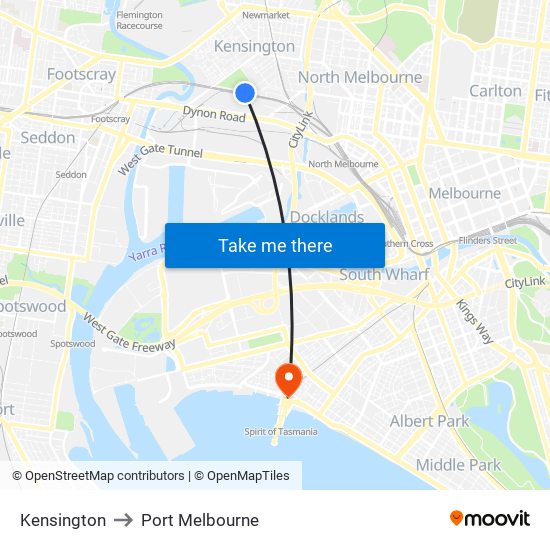 Kensington to Port Melbourne map