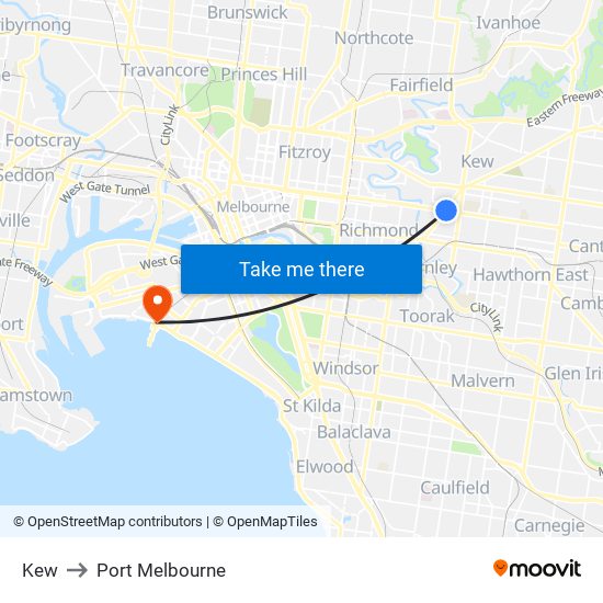 Kew to Port Melbourne map