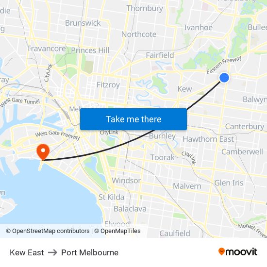 Kew East to Port Melbourne map